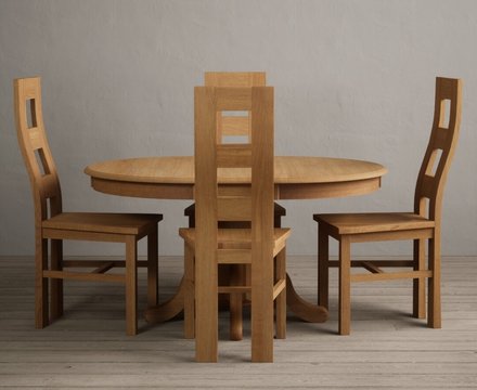 Extending hertford 100cm - 130cm solid oak pedestal dining table with 4 oak natural chairs