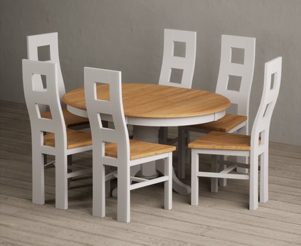 Extending hertford 100cm - 130cm oak and soft white painted pedestal dining table with 6 oak painted chairs