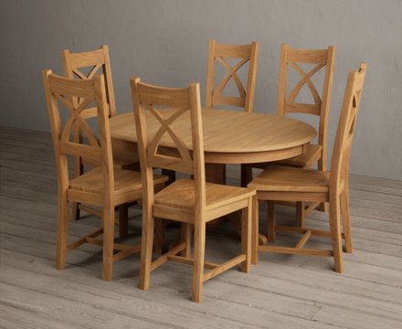 Extending hertford 100cm - 130cm solid oak pedestal dining table with 6 oak natural chairs