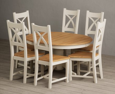 Extending hertford 100cm - 130cm oak and cream painted pedestal dining table with 6 oak painted chairs