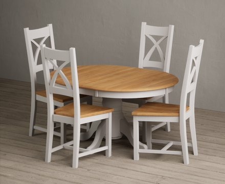 Extending hertford 100cm - 130cm oak and soft white painted pedestal dining table with 4 oak painted chairs