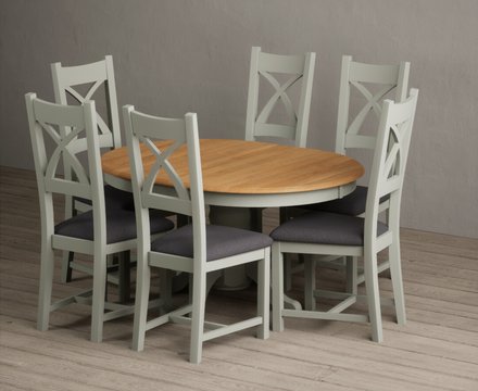 Extending hertford 100cm - 130cm oak and soft green painted pedestal dining table with 6 charcoal grey painted chairs
