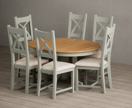 Extending hertford 100cm - 130cm oak and soft green painted pedestal dining table with 6 linen painted chairs