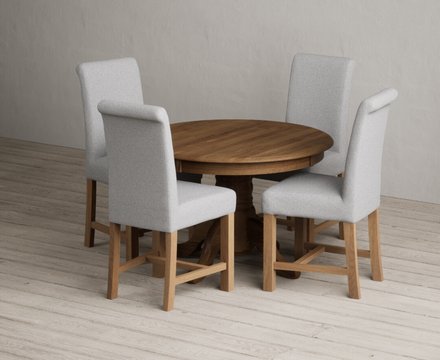 Extending hertford 100cm - 130cm rustic oak pedestal dining table with 4 grey braced chairs