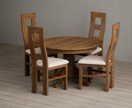 Extending hertford 100cm - 130cm rustic oak pedestal dining table with 4 linen rustic solid oak chairs
