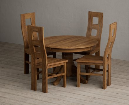 Extending hertford 100cm - 130cm rustic oak pedestal dining table with 4 rustic oak rustic solid oak chairs