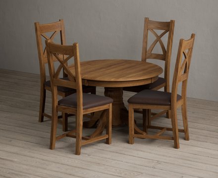 Extending hertford 100cm - 130cm rustic oak pedestal dining table with 4 brown rustic solid oak chairs