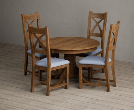 Extending hertford 100cm - 130cm rustic oak pedestal dining table with 4 blue rustic solid oak chairs