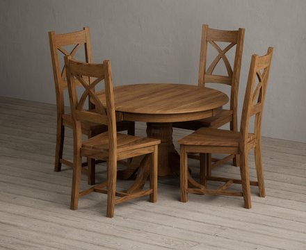 Extending hertford 100cm - 130cm rustic oak pedestal dining table with 4 rustic oak rustic solid oak chairs