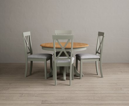 Extending hertford 100cm - 130cm oak and soft green painted pedestal dining table with 4 light grey painted chairs