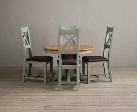 Extending hertford 100cm - 130cm oak and soft green painted pedestal dining table with 4 brown painted chairs