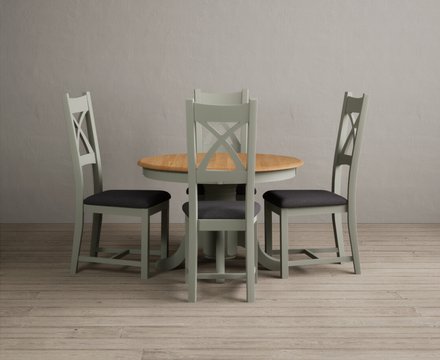 Extending hertford 100cm - 130cm oak and soft green painted pedestal dining table with 4 charcoal grey painted chairs