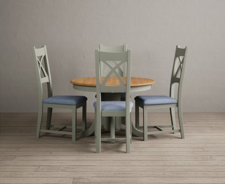 Extending hertford 100cm - 130cm oak and soft green painted pedestal dining table with 4 blue painted chairs