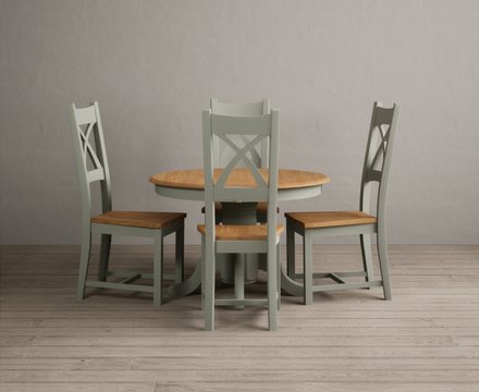 Extending hertford 100cm - 130cm oak and soft green painted pedestal dining table with 4 oak painted chairs