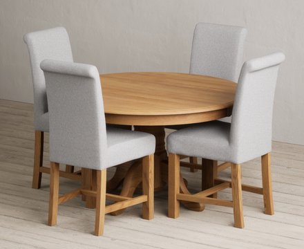 Hertford 120cm fixed top solid oak round pedestal table with 4 grey braced chairs