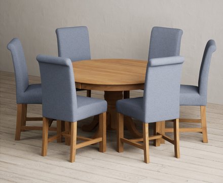 Hertford 120cm fixed top solid oak round pedestal table with 4 blue braced chairs
