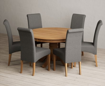 Hertford 120cm fixed top solid oak round pedestal table with 6 charcoal grey scroll back chairs