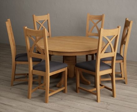 Hertford 120cm fixed top solid oak round pedestal table with 6 charcoal grey natural solid oak chairs