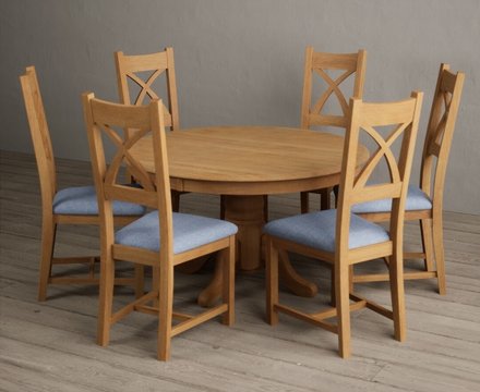 Hertford 120cm fixed top solid oak round pedestal table with 6 blue natural solid oak chairs