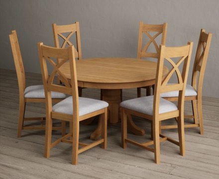 Hertford 120cm fixed top solid oak round pedestal table with 6 light grey natural solid oak chairs