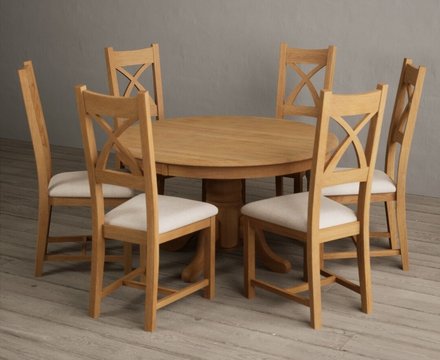 Hertford 120cm fixed top solid oak round pedestal table with 6 linen natural solid oak chairs