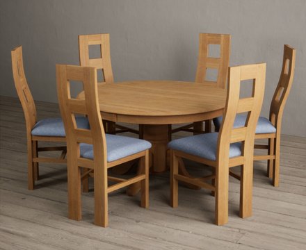 Hertford 120cm fixed top solid oak round pedestal table with 6 blue natural chairs
