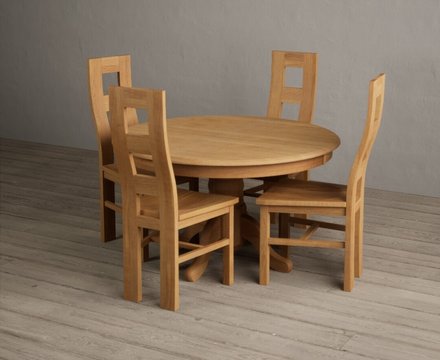 Hertford 120cm fixed top solid oak round pedestal table with 4 oak natural chairs