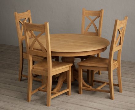 Hertford 120cm fixed top solid oak round pedestal table with 4 oak natural chairs