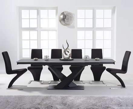 Extending jacob 180cm grey stone table with 10 black aldo chairs