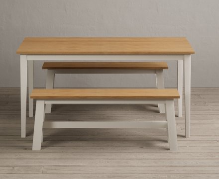 Kendal 150cm solid oak and cream painted dining table and 2 cream benches