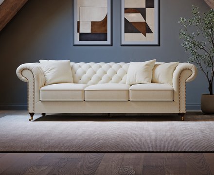 Kensington chesterfield ivory linen 3 seater sofa