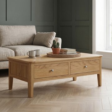 Solid oak coffee table with 4 drawers