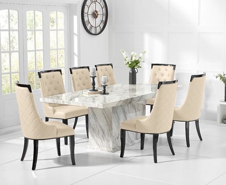 Marino 220cm marble dining table with 12 cream francesca chairs