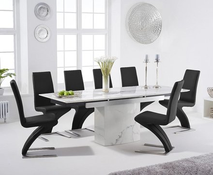 Extending savona 160cm white ceramic dining table with 8 black aldo chairs