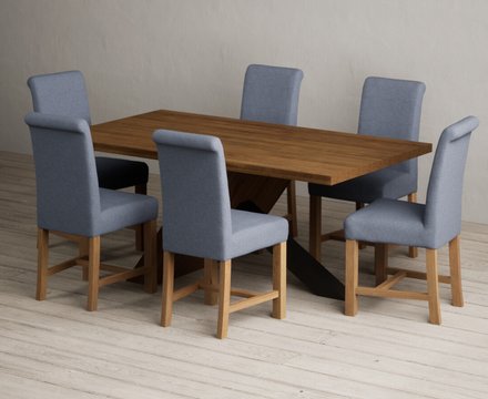 Michigan 180cm black leg industrial dining table with 6 blue braced chairs