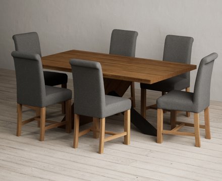 Michigan 180cm black leg industrial dining table with 6 charcoal grey braced chairs