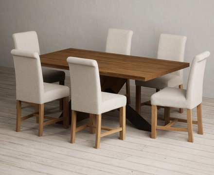 Michigan 180cm black leg industrial dining table with 6 natural braced chairs