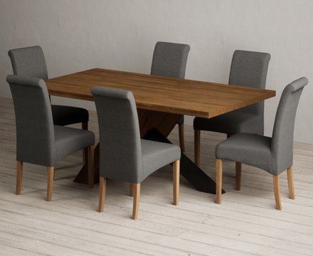 Michigan 180cm black leg industrial dining table with 6 charcoal grey scroll back chairs