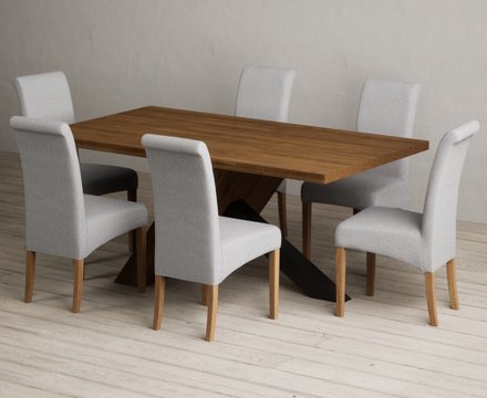 Michigan 180cm black leg industrial dining table with 6 grey scroll back chairs