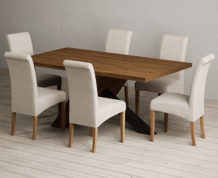 Michigan 180cm black leg industrial dining table with 6 natural scroll back chairs