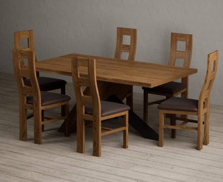Michigan 180cm black leg industrial dining table with 6 brown rustic solid oak chairs
