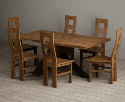 Michigan 180cm black leg industrial dining table with 6 rustic oak rustic solid oak chairs