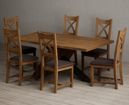 Michigan 180cm black leg industrial dining table with 6 brown rustic solid oak chairs