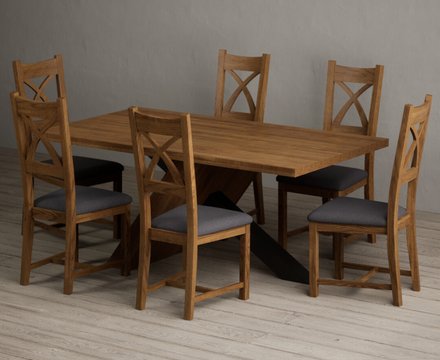 Michigan 180cm black leg industrial dining table with 6 charcoal grey rustic solid oak chairs