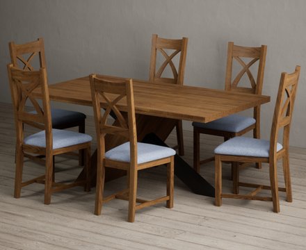 Michigan 180cm black leg industrial dining table with 6 blue rustic solid oak chairs