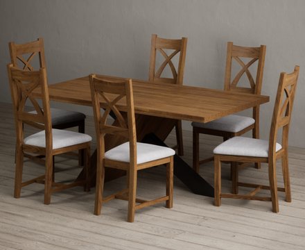 Michigan 180cm black leg industrial dining table with 6 light grey rustic solid oak chairs