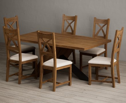 Michigan 180cm black leg industrial dining table with 6 linen rustic solid oak chairs