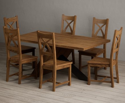 Michigan 180cm black leg industrial dining table with 6 rustic oak rustic solid oak chairs