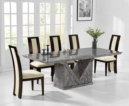 Milan 180cm grey marble dining table with 6 brown novara chairs