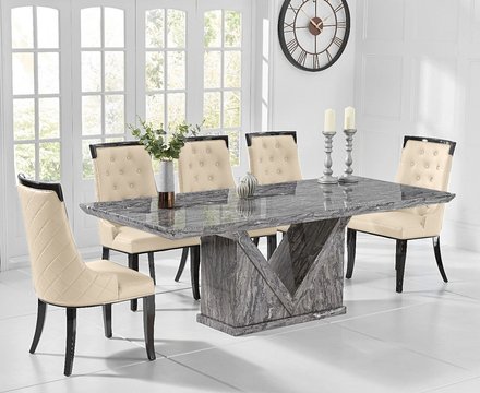 Milan 220cm grey marble dining table with 12 cream francesca chairs